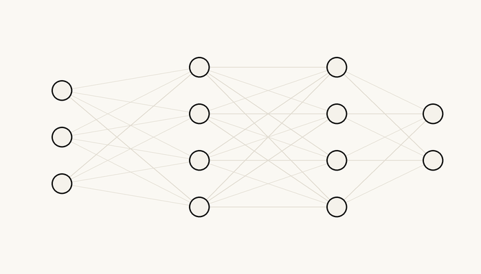 Animated forward pass through a small feedforward network, showing signal traveling layer by layer from input to output