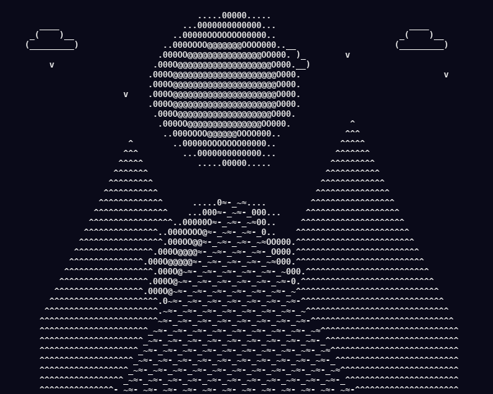 ASCII sunset animation — a shaded sun, two mountains, a perspective river, reflection, clouds, birds, and a darkening sky, all built from nested loops
